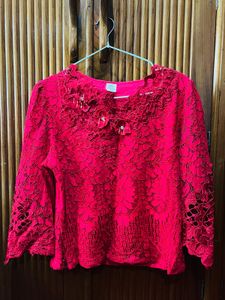 Red Lace Blouse with Embellishments