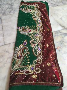 Fully Work Green Saree With Red Net Border