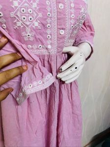 Pink colour self embroidery, Kurta frock