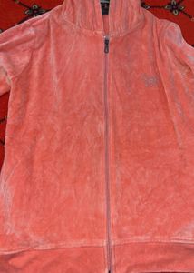 Coral Velour Zip-Up Hoodie