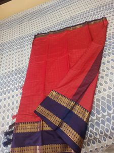 Brand New Soft Silk Saree Red Body And Blue Zari Border All Over Checks With Blouse Pc