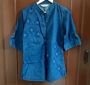 Navy Blue Denim Embroidered Top