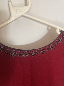 Red Embroidered Woollen Kurta