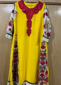 Bright Yellow Embroidered Frock with Trousers