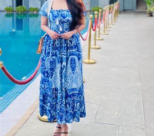 Blue Paisley Print Smocked Maxi Dress