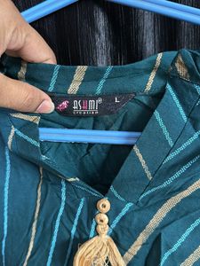 Teal Green With Stripped  Half Sleeve Short Kurta