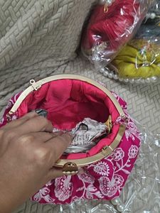 Pink Embroidery Potli Clutch With Pearl Handle