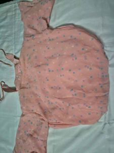 Peach Polka Dot Chiffon Top with Neck Tie
