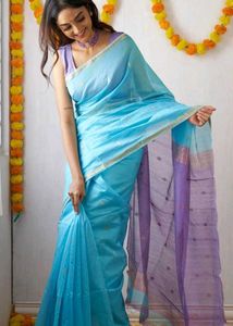elegance Sky Blue &amp; Purple Cotton Saree