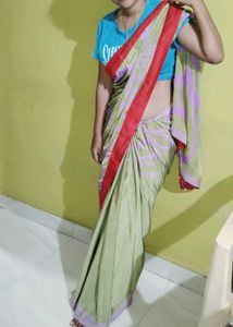 Elegant Olive &amp; Lavender Striped Saree