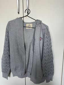 Grey Floral Sleeve Zip-Up Hoodie