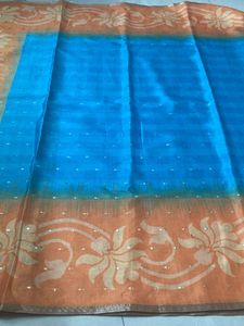 New Sea Blue And Mango Yellow Saree For Grabs