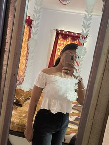 White Smocked Off-Shoulder Crop Top