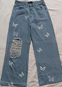 Butterfly Ripped Wide Leg Jeans