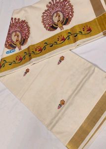 Kerala Kasavu Saree with Peacock Embroidery
