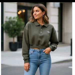 Olive Green Crop Polo Top