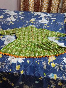 Green Floral Dress with Pom-Pom Trim