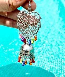 Boho Leaf Jhumka Earrings – Multicolor Beads🌈✨