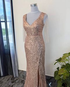 Rose Gold Sequin Gown with Sheer Sleeves