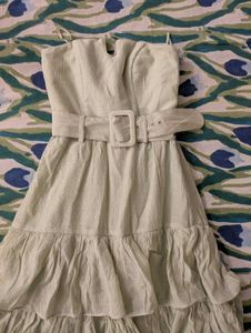 Sage Green Strapless Ruffled Tiered Midi Dress