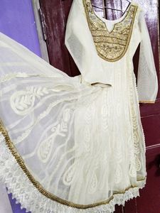 Elegant White & Gold Embroidered Anarkali Dress