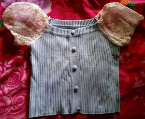 Blue Ribbed with Lace Sleeves