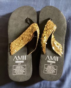 Gold Sequin Flip Flops - Size 37