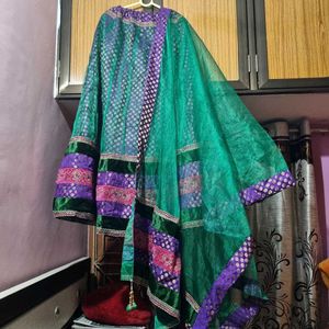 Velvet Net Lehnga Choli With Dupatta