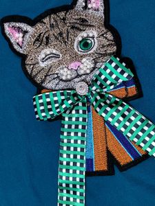 Women Teal blue Cat Bow Embellished Top