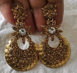 Set Of 2:- Shell Beaded &amp; Golden Stone Earrings
