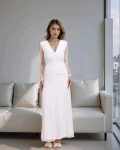 Deep V-Neck Front Ruched Mesh Sleeves A-Line Dress