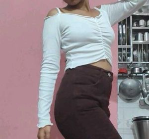Brand New White Crop Top Stylish Shoulder Design