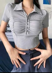 Grey Ribbed Polo Crop Top