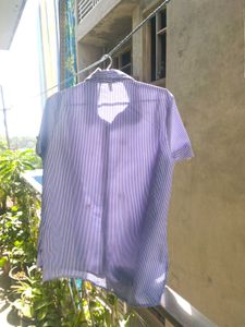 BLUE &amp; WHITE STRIPED EMBROIDERY HALF SLEEVE SHIRT