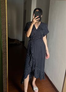 V-neck Blue Dot Wrap Cotton MIDI Dress