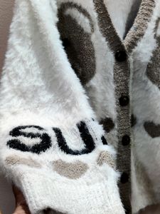 Imported women&#39;s V-neck fuzzy knit cardigan/sweate