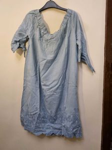 Off Shoulder Blue Dress With Tie Up Sleeves !