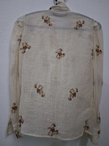 Tan Minimal Tie Up Shirt With Flower Embroidery