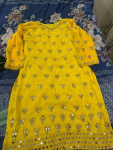 Yellow Mirror Work Kurta Pant Set