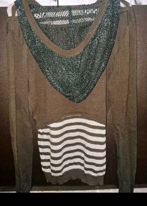 Denim Dress With Brown And White Striped Hodie