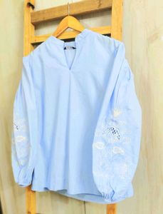 Blue Embroidered Sleeve Top Size-42