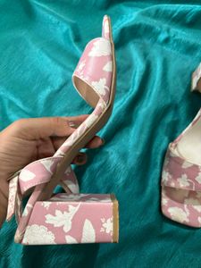 Peach Coloured&amp;White Floral Print Block Heel