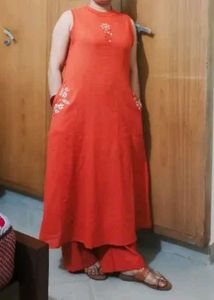 Orange Embroidered Kurti Set