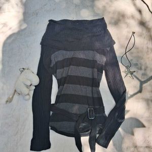 Grunge Y2k Gothic Striped Off-Shoulder Knit Top