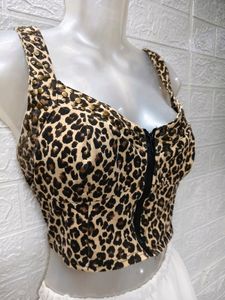 Zipper Corset Crop Top with Cheetah Print