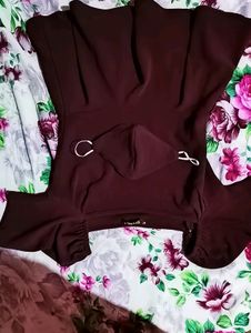 Beautiful Maroon Colour Short Dress , pant , Mask