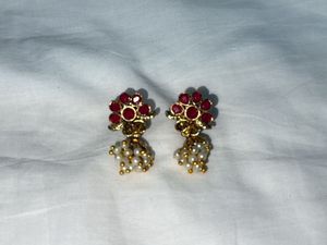 Pearl And Red Stone Earrings