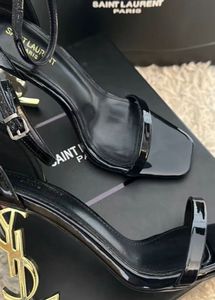 Saint Laurent Black Patent YSL Heel Sandals