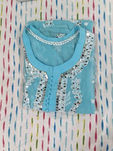 Blue Lucknowi Chikkanari Mirror Work Kurta