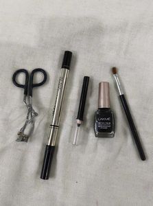 3 lipliner, 2 eyeliner, brow shadow, lash curler